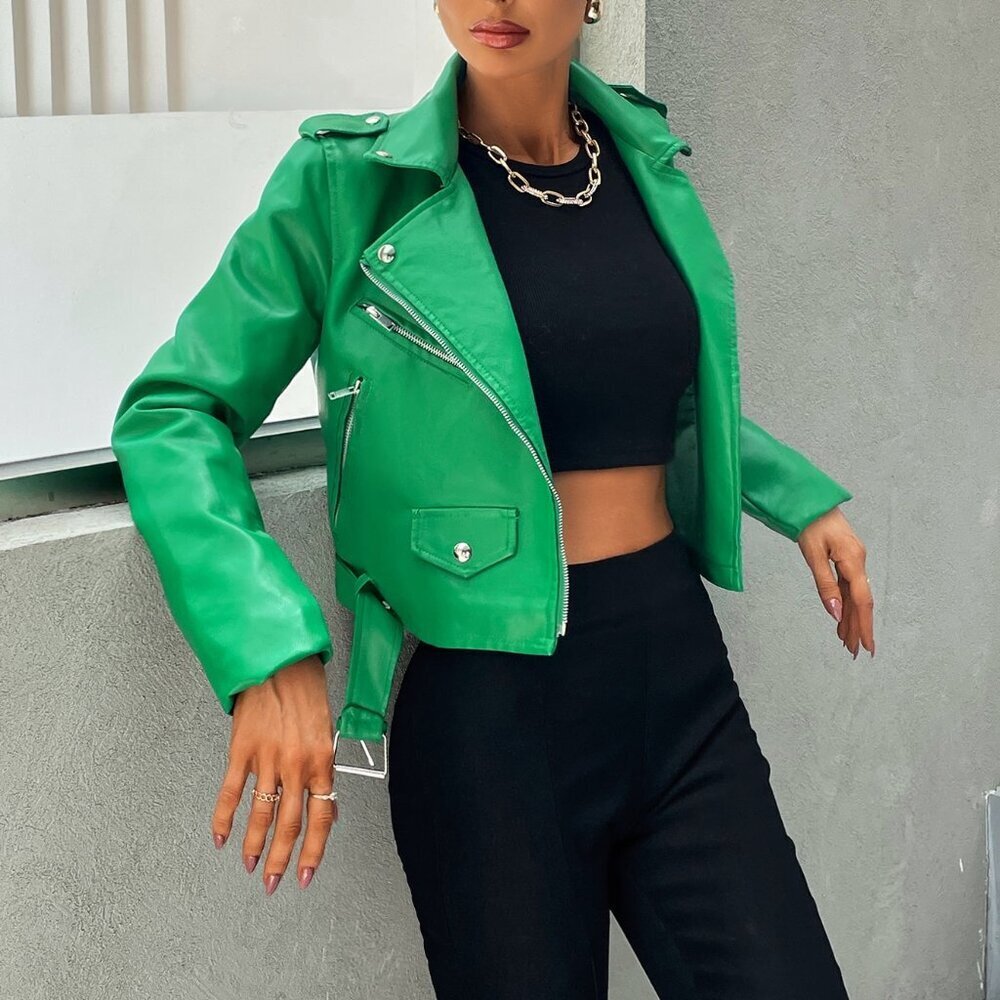 Green Casual Women's Zip Up Belted Pu Moto Jacket - Picture 6 of 7